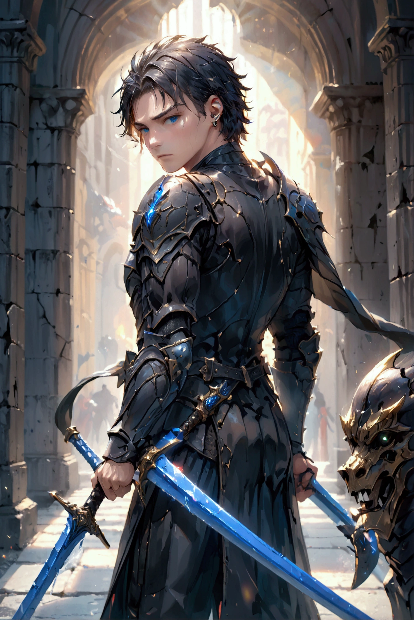 a young man with short black hair, piercing blue eyes, wearing black armor, black wings growing from his back, holding two glinting swords, intricate cracks in his skin, extremely detailed facial features, dramatic chiaroscuro lighting, (best quality,4k,8k,highres,masterpiece:1.2),ultra-detailed,(realistic,photorealistic,photo-realistic:1.37),epic dark fantasy,dramatic atmosphere,cinematic,award winning fantasy art,professional rendering