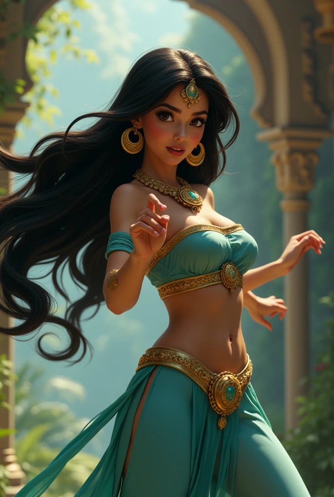 Stunning Princess Jasmine, photo in 8k, in action, cinematic.