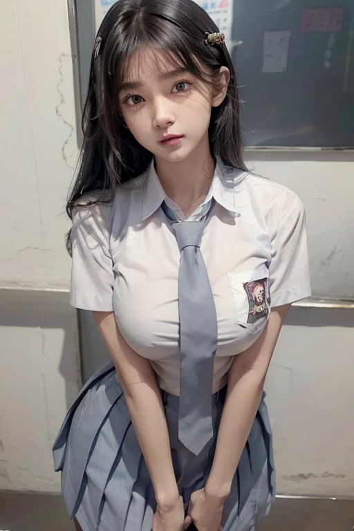 1 woman, , (punk hairstyle, black hair), scared face expression, plump body, blue eyes, Indonesian high-school uniform, (wearing transparent white tight shirt, short sleeves, light-grey tie,), osis logo on shirt pocket, perfect round breasts, long light-grey pleated tight skirt, standing in front of the class (write homework on the whiteboard), cowboy shot, shy, in the classroom, 