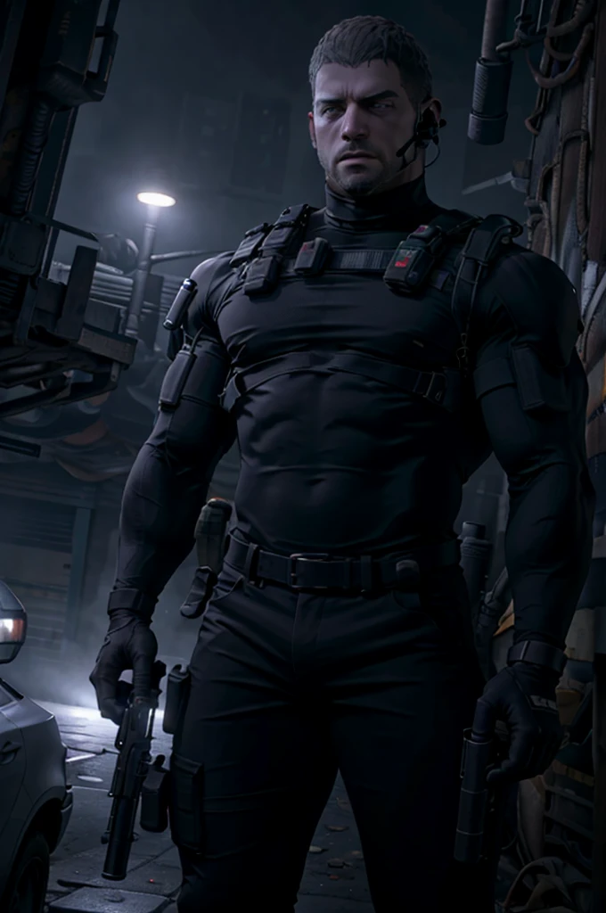 Dark gothic village in the background, old Chris Redfield from Resident Evil 8, 4, muscular male, tall and hunk, biceps, abs, chest, black cold turtleneck, black trousers, straps, earpiece, belt, thick beard, holding an assault rifle, cold face, video games style, high resolution:1.2, best quality, masterpiece, dark nightime, dark atmosphere, volumetric lighting, shadow, upper body shot