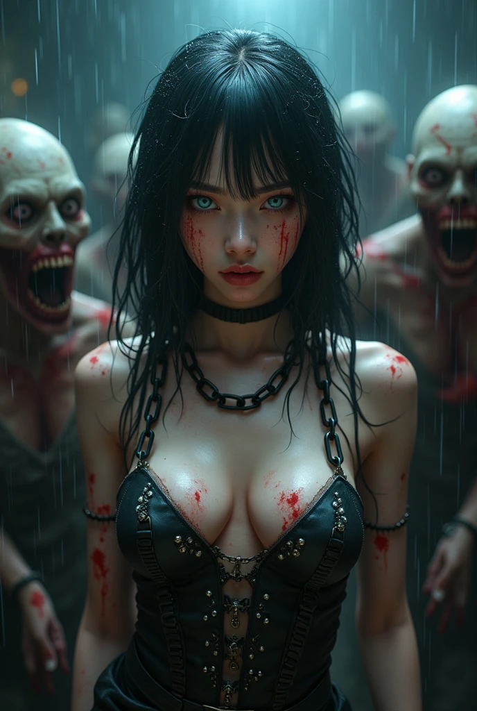 beuaty girl, The background is blurred out, (Zombies attach and attack: 1.2)), ((tmasterpiece)), ((k hd)), ((Best quality at best)), the detail, (NSFW, scream), ((Hands are tied, handcuff, The wrists are restrained, raise both arms, watery big eyes, brunette color hair, collars,)), G string, front tie bra, (Torn clothes)), Large breasts, statues, handcuff, collars, chain, embarressed, fearsome, Chest focus, Perspectives, light, perfect shadow, ((ruins, Sacrificial woman surrounded by zombies)))), Realistic lighting tones
