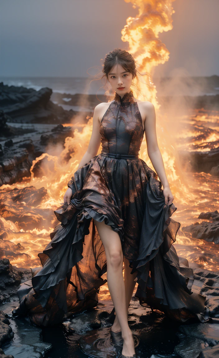 (8K, RAW photo, Best quality,Masterpiece:1.2),(Realistic, photo-realistic:1.37), 1girll,Long legs, full bodyesbian,(molten lava:1.3),Ocean,Dress made of roses，a volcano eruptagma flow，Infrared photography, 1.4x realism，UHD，textured skitomy correct，Accurate and perfect Korean female face，Golden ratio)