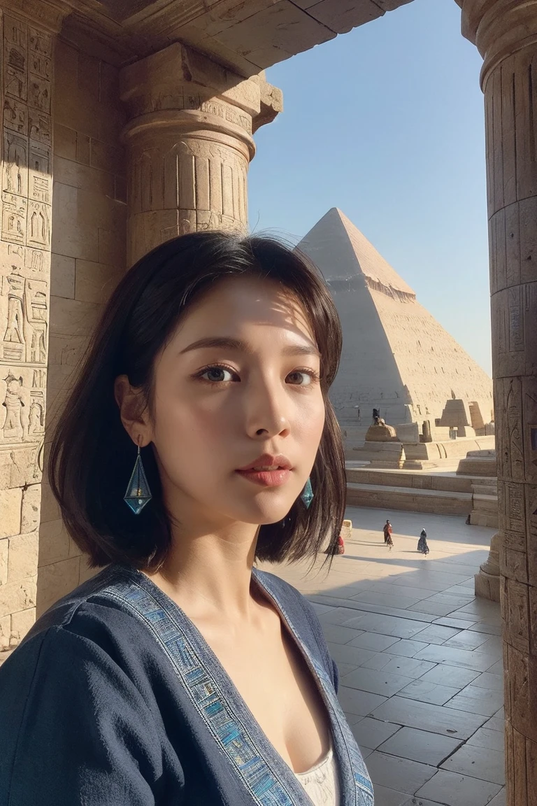 ((Highest quality、8k、masterpiece:1.3))、Photorealistic, Sharp focus, high resolution, High resolution, Portraiture, One person, woman, beautiful woman, sexy、古代エジプトを歩くエジプトのwoman戦士、Complex technology, Pyramids and ancient Egyptian cities far away、cyber-、Light and shadow、Cyan Light、