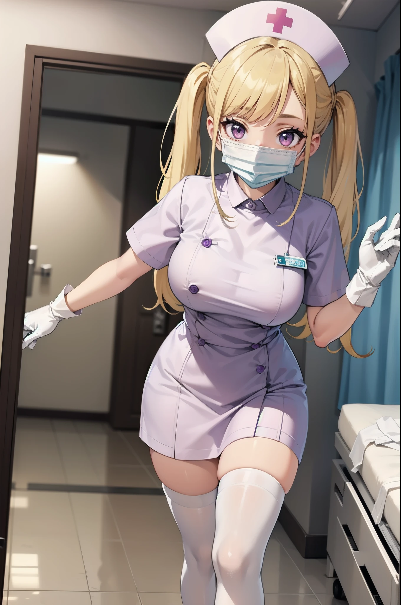 1girl, solo, nurse, nurse cap, white wear, ((white legwear, zettai ryouiki)), white gloves, twintails, yellow hair, purple eyes, ((white surgical mask, covered nose)), standing, ((hospital room)), sharp outline, short sleeves, best quality, masterpiece