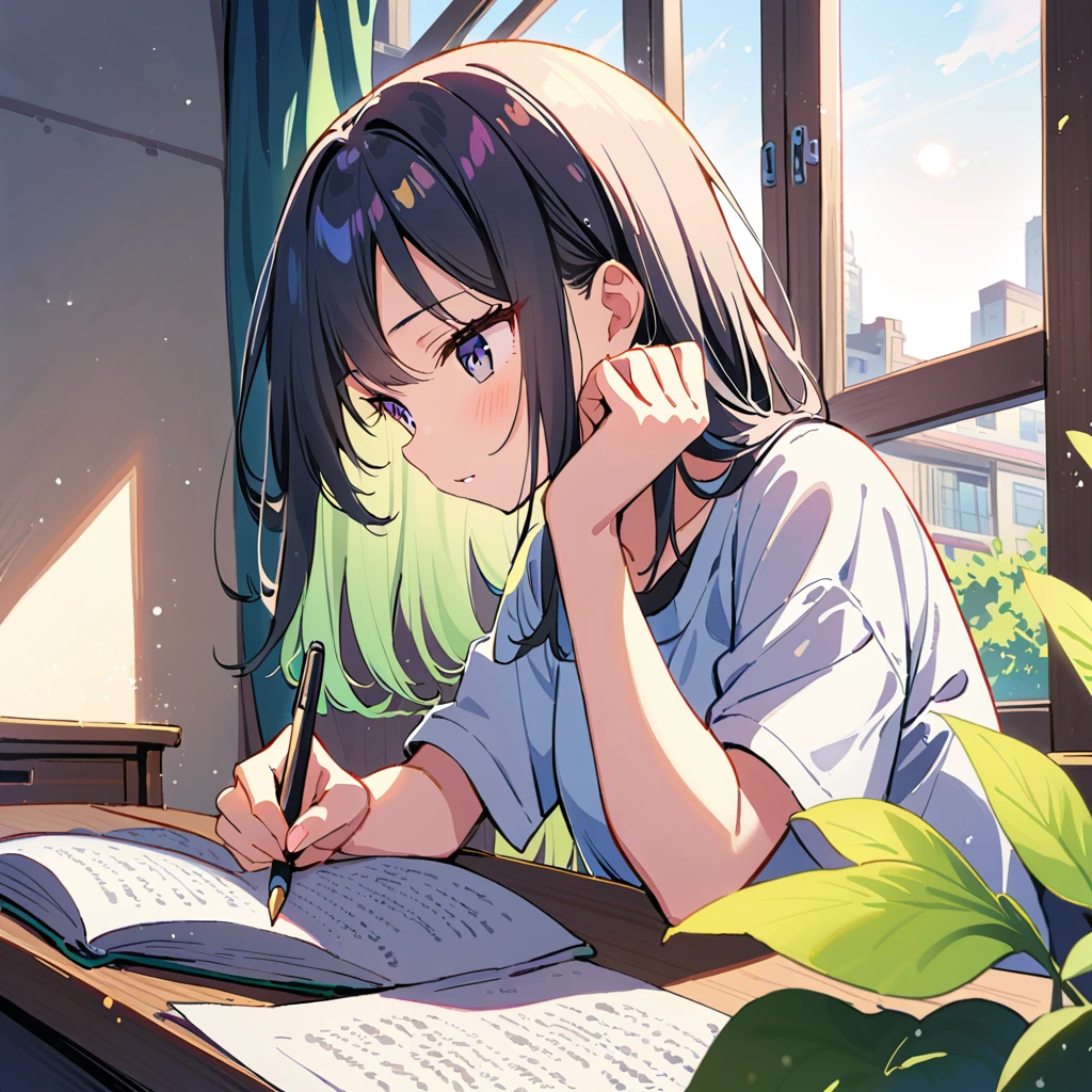 Girl studying、Window