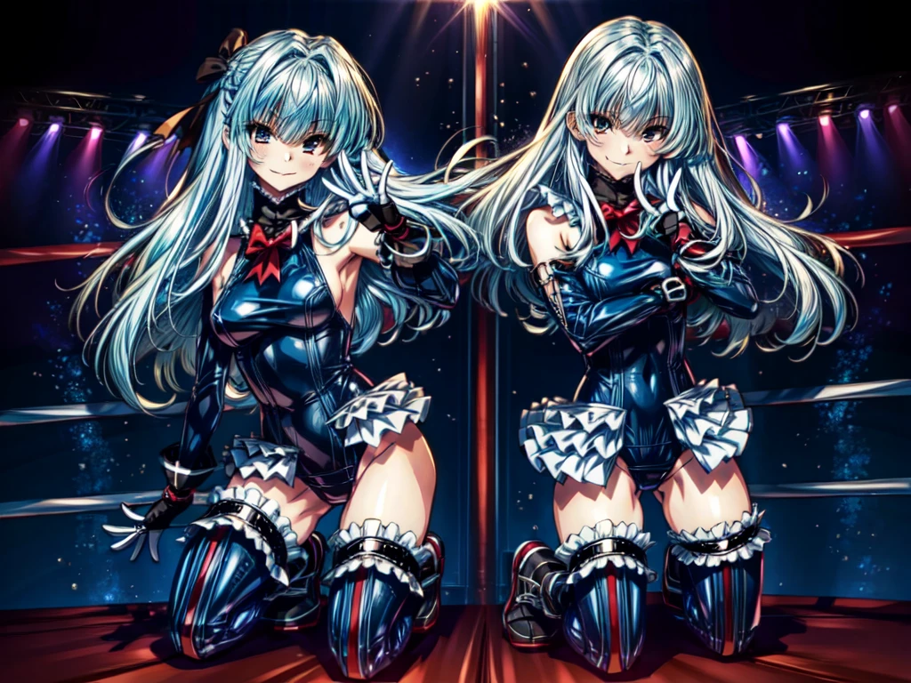 Cure Berry, Pretty Cure, Wrist cuff, Blue Skirt, Black latex dress, Side Ponytail, Blue Boots, gem, hair band, Navy knee socks, Blue Ribbon, belly button, Floral Background, corruption, NTRGAO, Hollow Eyes, Half-closed eyes, Wicked Smile, No students, Crazy Smile, Open your mouth, One girl, Mature Woman, Married women, Dark Magical Girl