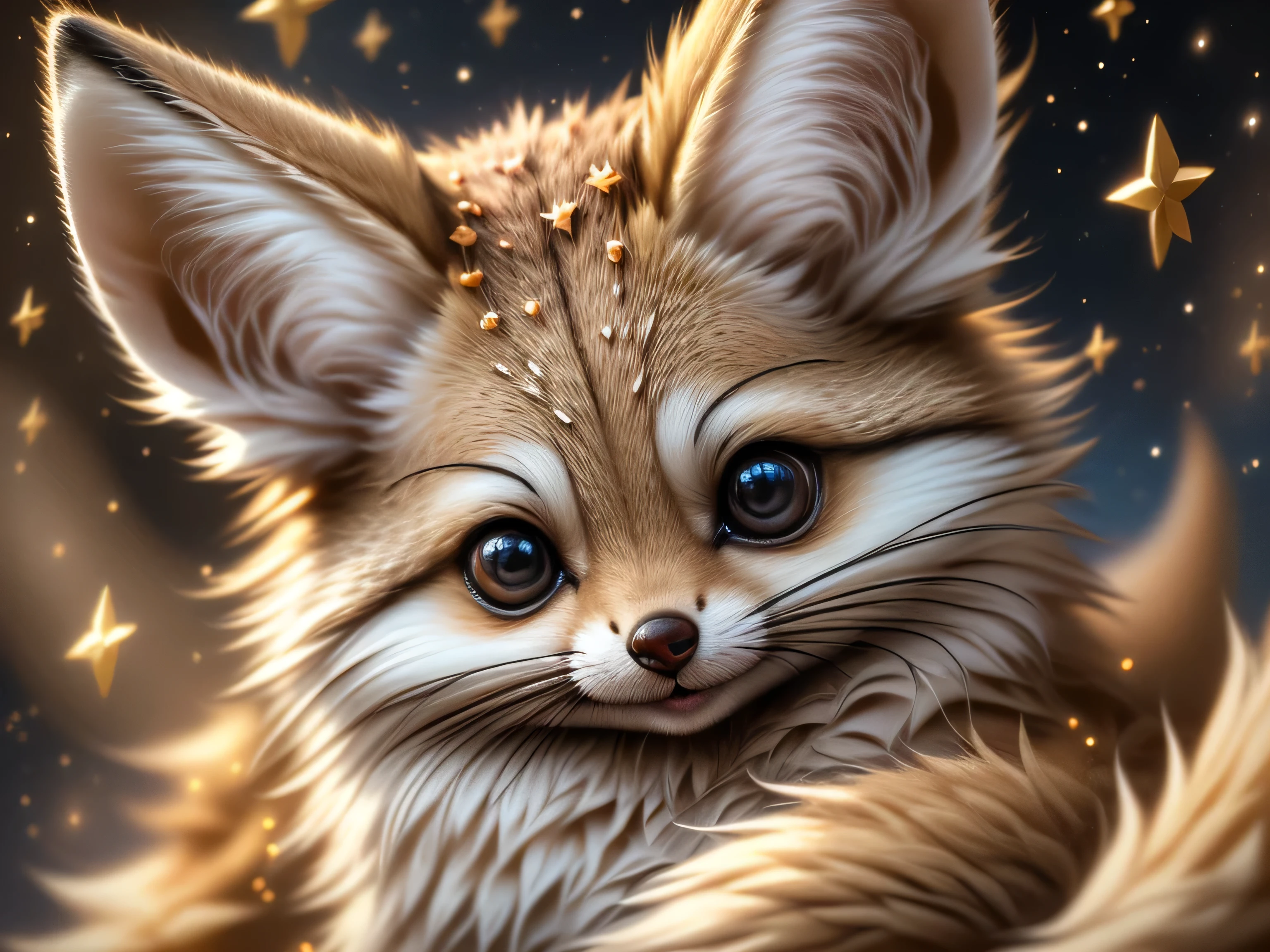 close-up photo super cute, big-eyed, with a soft, gentle nose, fluffy, smiling with two teeth, fennec fox on a natural background, realistic, beautiful, sparkles, stars in the eyes, soft volumetric light, (backlight:1.3), (cinematic:1.2), intricate details, (ArtStation:1.3), Rutkowski --auto --s2