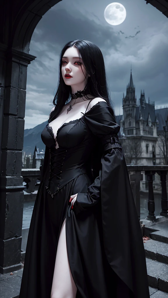 Vampiress,Queen of Dracula,her breasts only partly hidden by a dress of black and red silk,stands in the window of a Gothic castle,lit by moonlight