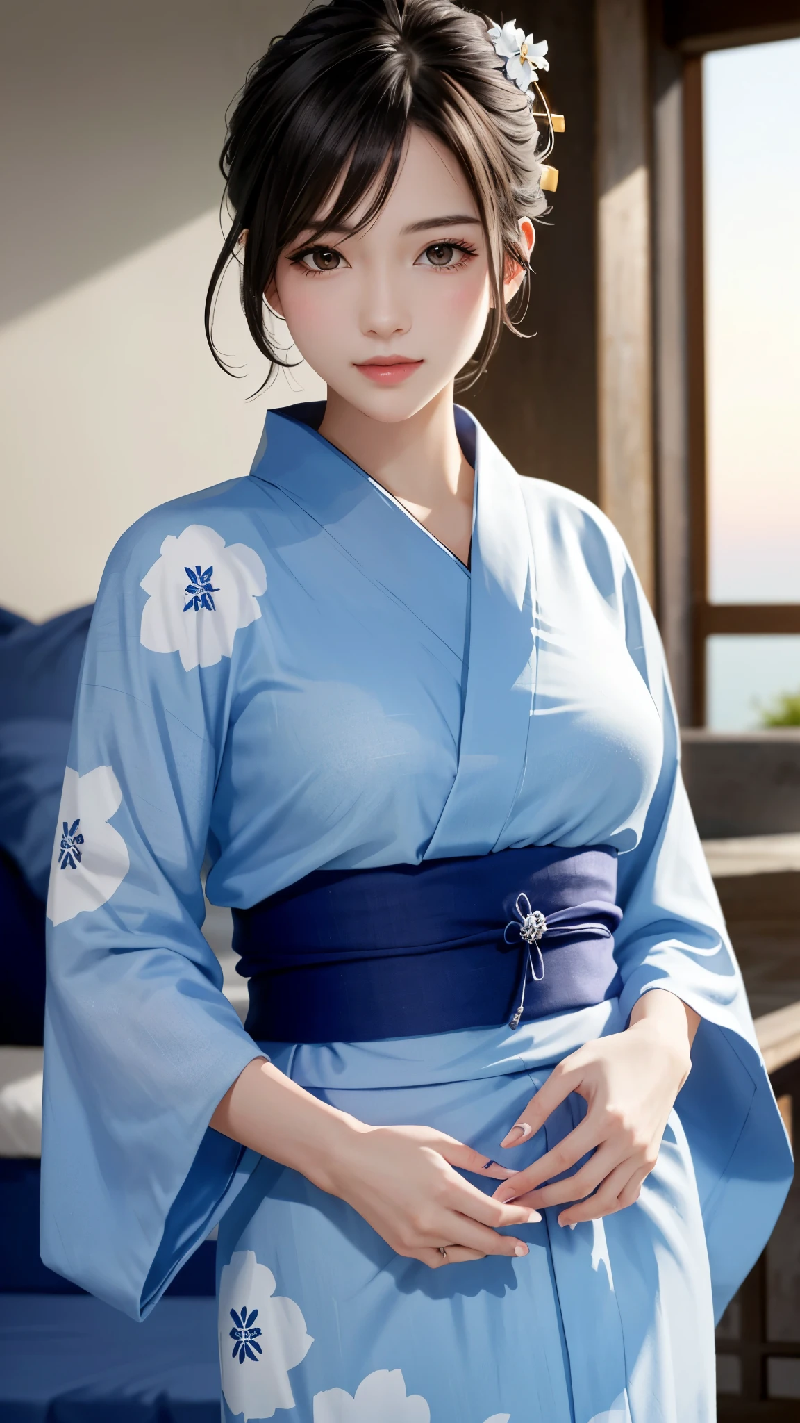 muster piece, best quality, illustration, Super detailed, fine details, High resolution, 8K,wall paper, perfect dynamic composition,(Details High quality, realistic depiction of eyes:1.3), (idol, kimono:1.3), short hair, (wavy hair:1.2), black hair color, Big Natural Color Lip, bold sexy pose, crying a little、cold gaze, Harajuku style、20 year old girl、cute type、lolita、beautiful legs, hotel room, beautiful legs, full body photo、focus on crotch, hposing Gravure Idol, large breasts,