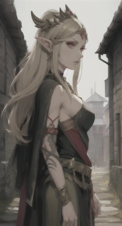 shibari,bdsm,(((shibari over clothes,rope,bound,restrained,against pillar))),pillar,alice,vampire,grey hair, long hair, red eyes, pointy ears, big breasts
