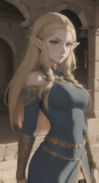 masterpiece, best_quality, 1girl, solo, princess zelda, nintendo, the legend of zelda, botw,zombie,green skin,red eye,not ware,not cloth,