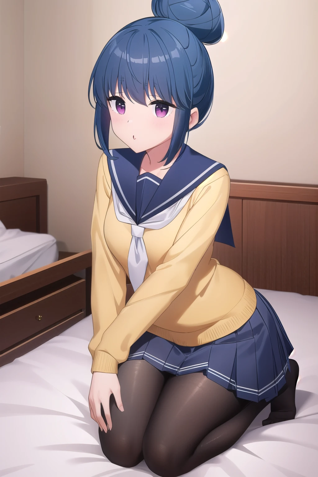 (masterpiece:1.2), Highest quality, High resolution, unity 8k wallpaper, (figure), Highly detailed face, Perfect lighting, Highly detailed CG, Shimarin, Blue Hair, View your viewers, school uniform, Single hair bun, Yellow Sweater:1.2, Blue sailor collar, Black Pantyhose, Pleated skirt, Mouth closed, Sitting on the bed, Kneel, seiza, feet