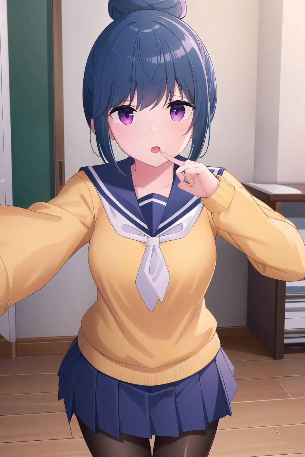 (masterpiece:1.2), Highest quality, High resolution, unity 8k wallpaper, (figure), Highly detailed face, Perfect lighting, Highly detailed CG, Shimarin, Blue Hair, View your viewers, school uniform, Single hair bun, Yellow Sweater:1.2, Blue sailor collar, Black Pantyhose, Pleated skirt, Mouth closed, sutanding