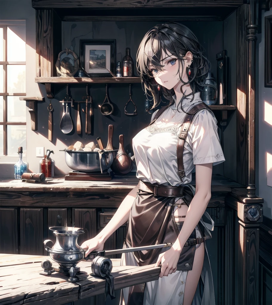(best quality), girl,(ultra-detailed), (highly detailed CG illustration), ((an extremely delicate and beautiful)),(expressionless),cinematic light,alchemist,factory