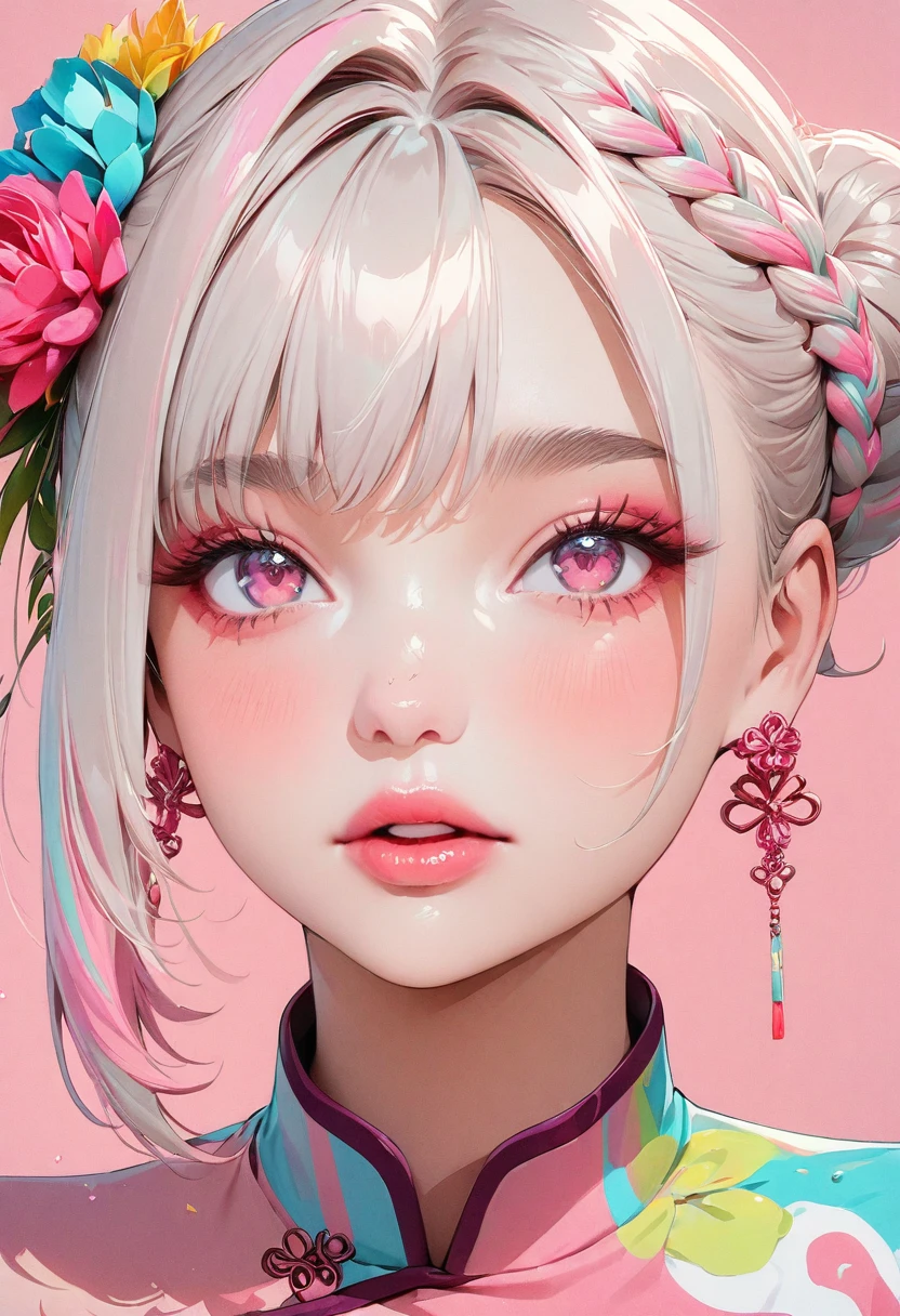 (masterpiece, Highest quality:1.4), 1 girl, alone, Anime Style, colorful students, Blurred vision, Pink lower lip, pastel colour, Silver one bun hairstyle, Long bangs on one side, Braid, Color Highlights, China dress, flower, Portraiture, Pink eyes, Cute Face. Lips in Love, Stylish design, Pure pink background.