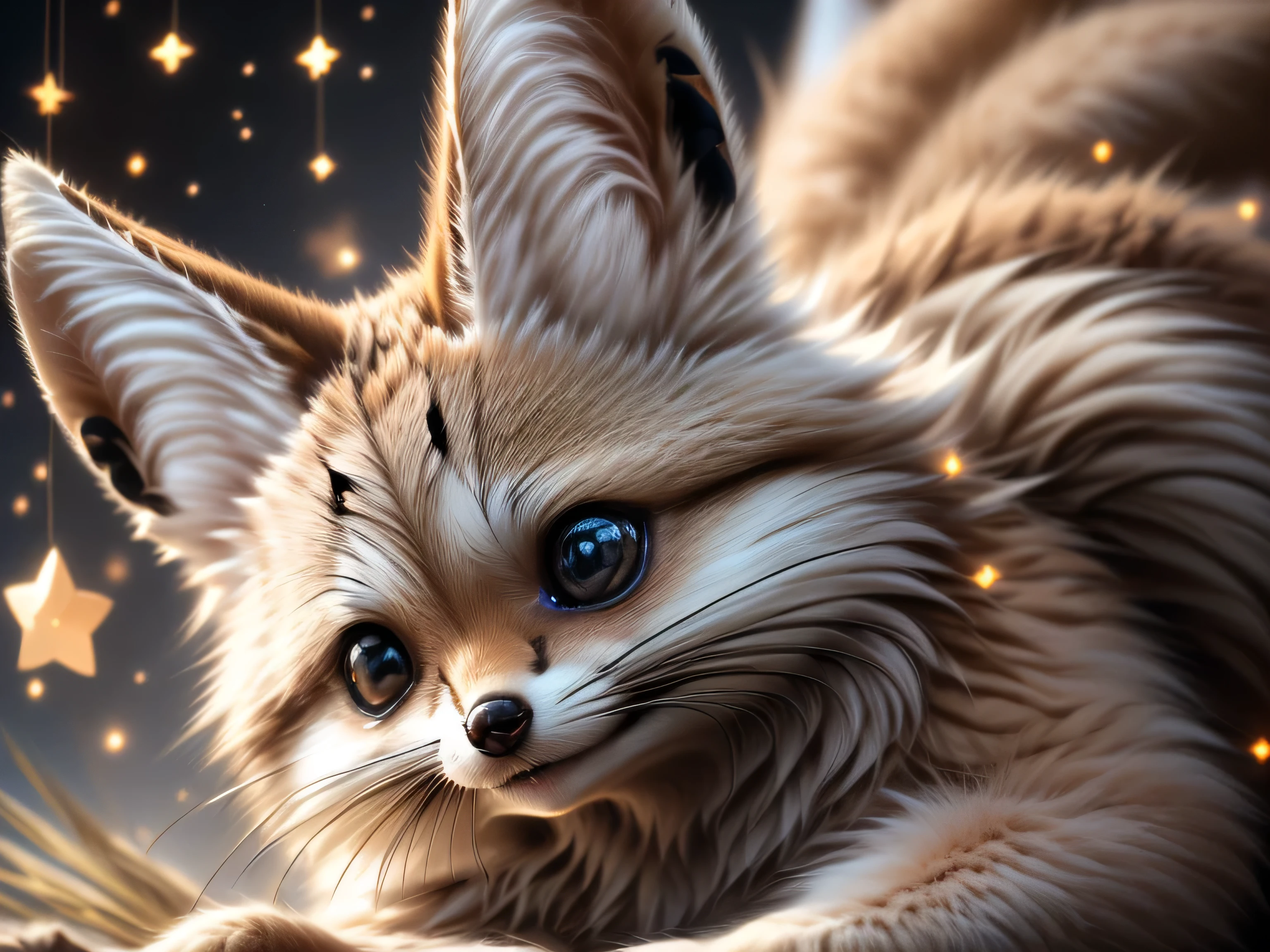 close-up photo super cute, big-eyed, with a soft, gentle nose, fluffy, smiling with two teeth, fennec fox on a natural background, realistic, beautiful, sparkles, stars in the eyes, soft volumetric light, (backlight:1.3), (cinematic:1.2), intricate details, (ArtStation:1.3), Rutkowski --auto --s2