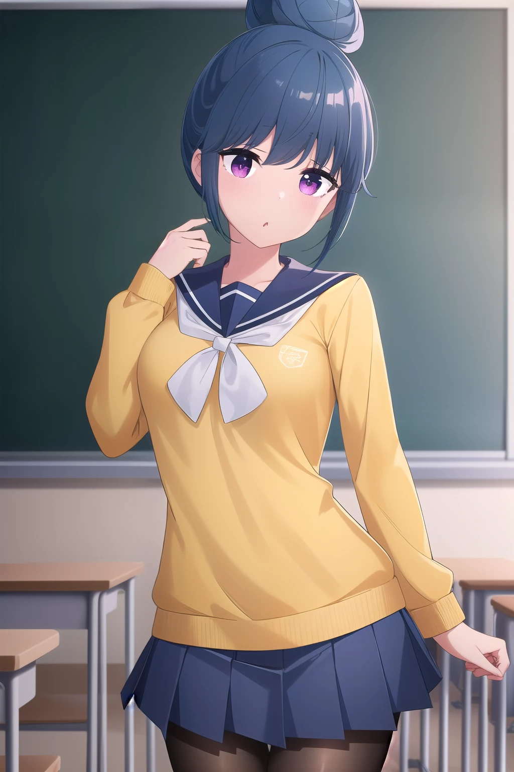 (masterpiece:1.2), Highest quality, High resolution, unity 8k wallpaper, (figure), Highly detailed face, Perfect lighting, Highly detailed CG, Shimarin, Blue Hair, View your viewers, school uniform, Single hair bun, Yellow Sweater:1.2, Blue sailor collar, Black Pantyhose, Pleated skirt, Mouth closed, sutanding, cowboy shot, classroom 