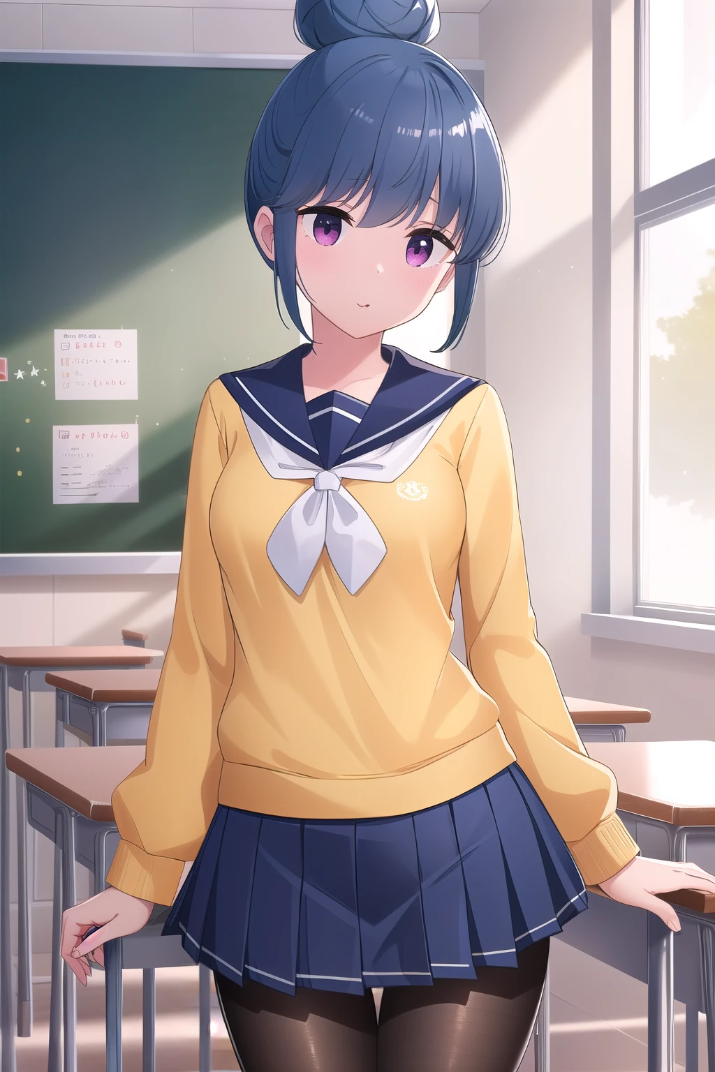 (masterpiece:1.2), Highest quality, High resolution, unity 8k wallpaper, (figure), Highly detailed face, Perfect lighting, Highly detailed CG, Shimarin, Blue Hair, View your viewers, school uniform, Single hair bun, Yellow Sweater:1.2, Blue sailor collar, Black Pantyhose, Pleated skirt, Mouth closed, sutanding, cowboy shot, classroom 