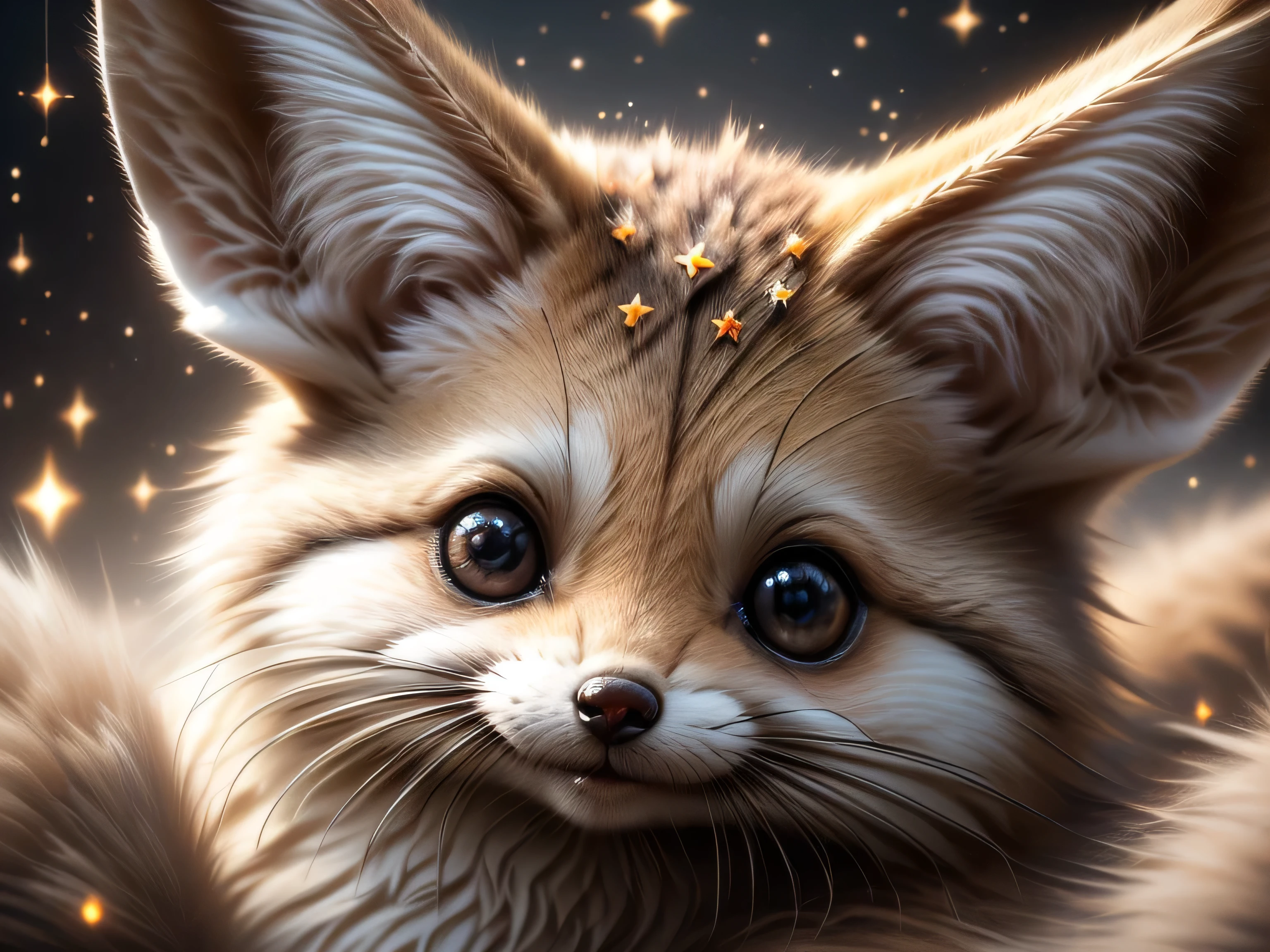 close-up photo super cute, big-eyed, with a soft, gentle nose, fluffy, smiling with two teeth, fennec fox on a natural background, realistic, beautiful, sparkles, stars in the eyes, soft volumetric light, (backlight:1.3), (cinematic:1.2), intricate details, (ArtStation:1.3), Rutkowski --auto --s2