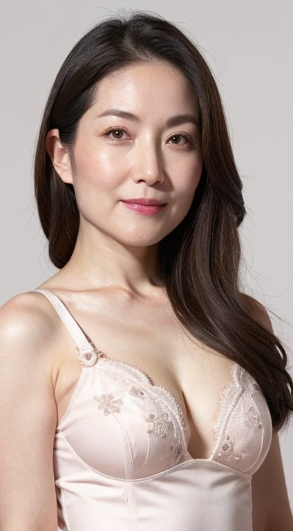Sharpen, Flat color background, ((up of face:1.3)), gravure, masutepiece, Best Quality, Ultra-detailed, Photorealistic, super detailed skin, Perfect Anatomy, (1 japanese mature woman), (Solo), 90 years old, panties on, bra very, Keep your mouth tightly closed, Large breasts, Mature AV Actress, glamor, A sexy, Chromo-white skin, Looking at Viewer,