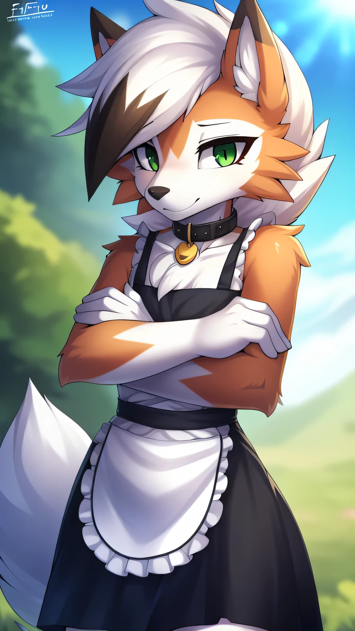 By zinfyu,by twistedscarlet60, uploaded on pixiv, by fluff-kevlar, (masterpiece), (best quality), (solo female:1.2), (extremely detailed:1.3),(detailed eye,black circle on eye,green eyes),lycanroc dusk, Front view, view on viewer, close view, shy face, full body on potrait, only body and head, close view, feminime flatchested, flatchested ,wearing collar, Maid dress,  crossed arm