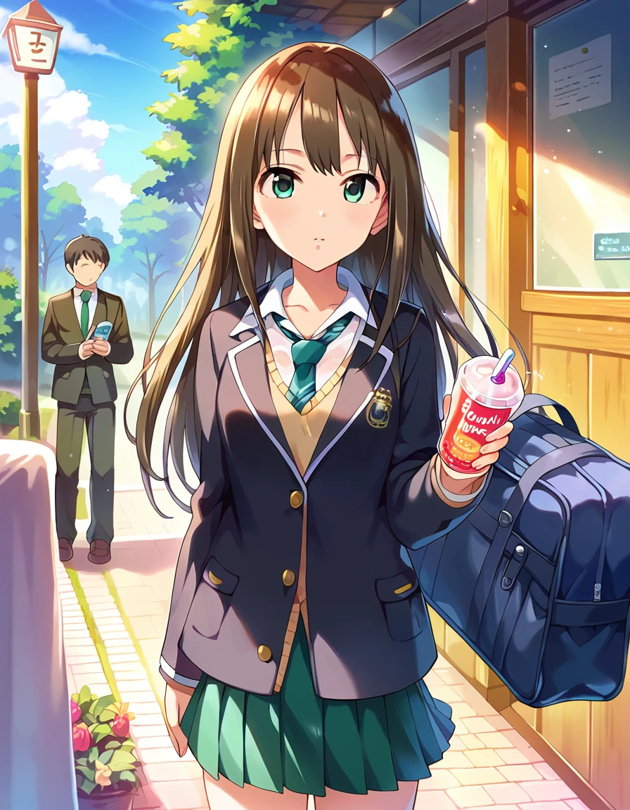 score_9, score_8_Excellent, score_7_Excellent, sauce_anime,
evaluation_Sensitive, School bag，Green Eyes，Long Hair，school uniform，Pleated mini skirt，Black blazer，Green tie，On the way home from school，Chatting，Browsing Caution，Cool look，nice，，