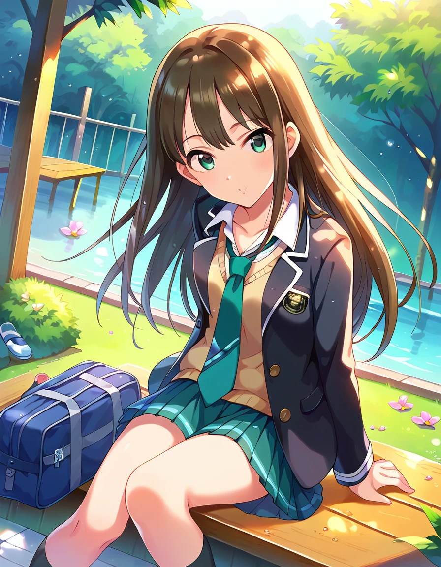 score_9, score_8_Excellent, score_7_Excellent, sauce_anime,
evaluation_Sensitive, School bag，Green Eyes，Long Hair，school uniform，Pleated mini skirt，Black blazer，Green tie，On the way home from school，Chatting，Browsing Caution，Cool look，nice，，