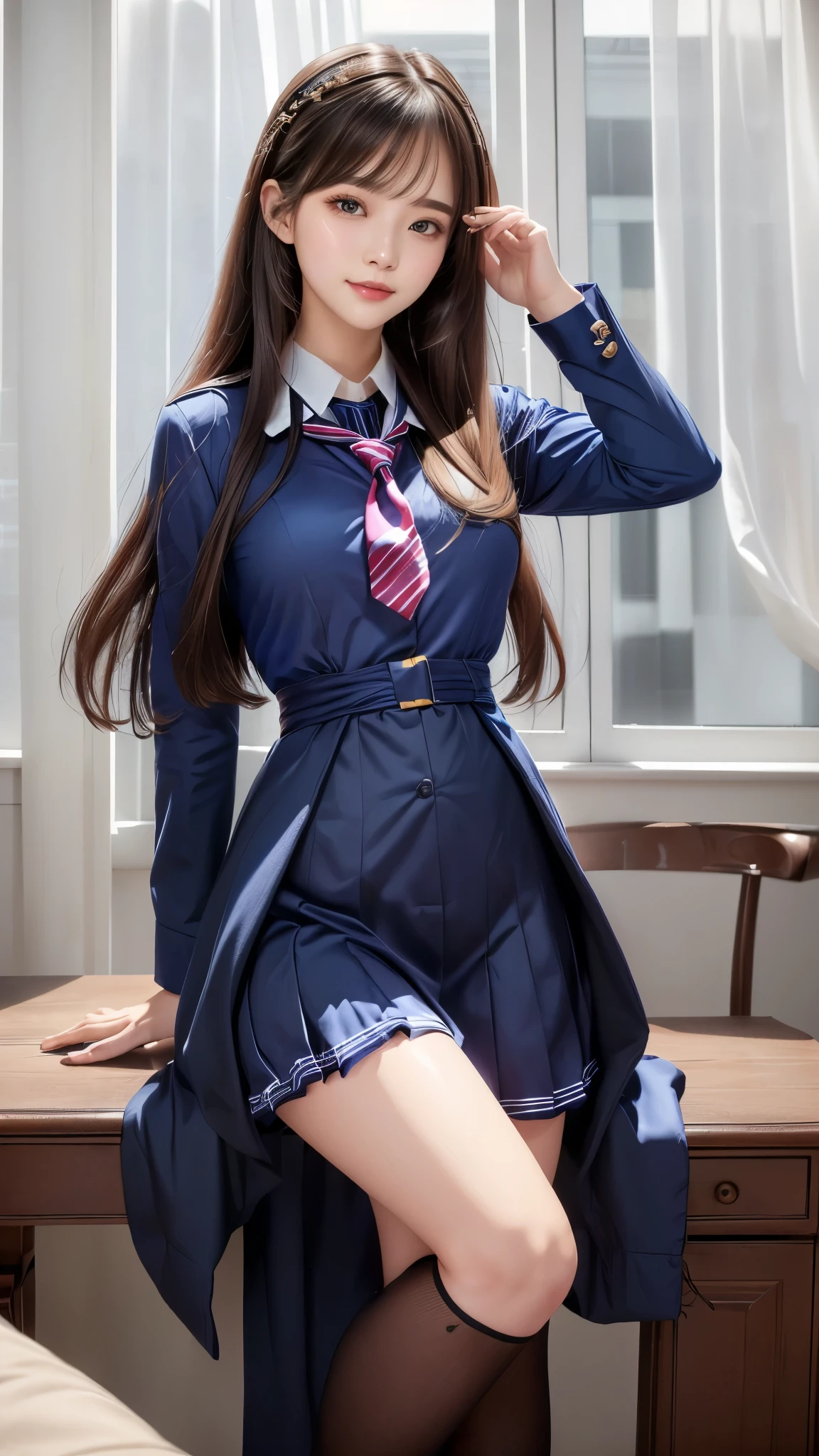 (1 girl), highly detailed girl, solo, ((highly detailed face)), extremely detailed CG unified 8k wallpaper, highly detailed, raw color photos, professional photography, Realistic, (slender body, cleavage:0.8), (Japanese school uniform with open chest:1.6, blouse:1.5, see through:0.5), (looking at viewer, embarrassed:1.6, ashamed expression:1.45, sleepy-eyed:1.2, bashful, upturned eyes, flustered), (pleated skirt, Japanese seifuku, bedroom, from above:1.1, lying on her back, head on a pillow, spread open legs, cameltoe, full body)