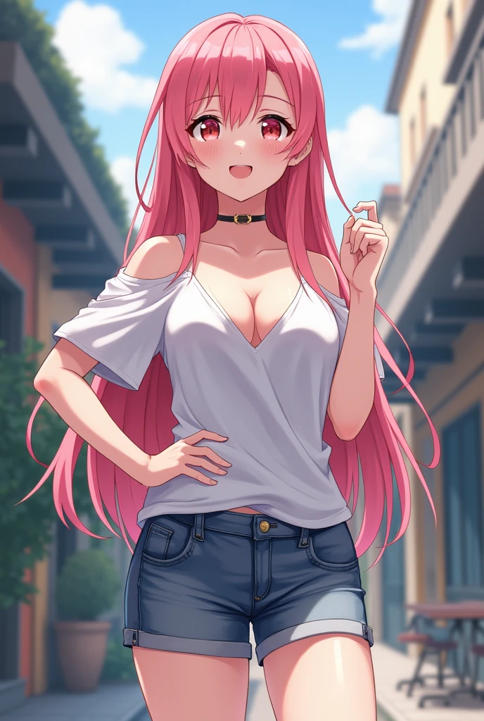 Anime style image with the following characteristics:
1. The character must be a woman with very white skin.
2. The character must have big breasts and a good body.
3. Must have pastel yellow eyes, beautiful and with long eyelashes.
4. Her hair should be pastel pink, long and wavy, with white tips.
5. She has a bang split in half into 2 parts right on her forehead..
6. He wears short black shorts with belts on his thighs.. A white t-shirt with a low neckline and belts going over her breasts and arms.