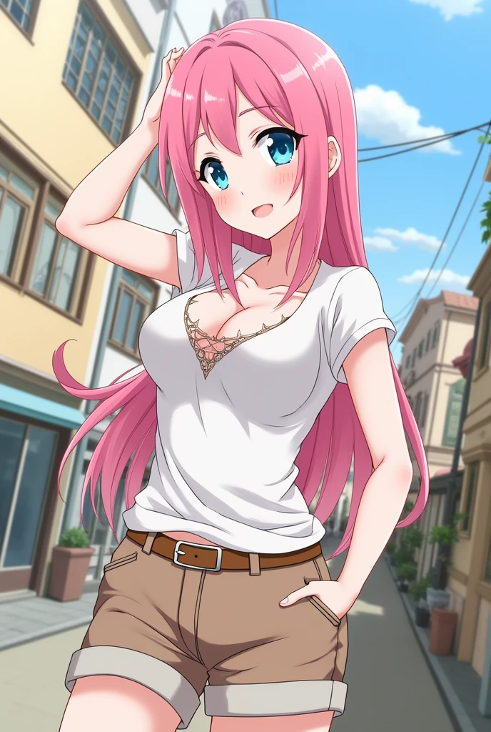 ((1girl)), ((alone)), Hahari Hanazono, (masterpiece), (best quality), (ultra detailed), (best illustration), (best shadow), (absurdities), sharp focus, cowboy shot , atmospheric perspective, depth of field, dynamic posture looking at the viewer, large breasts, narrow waist, wide hips, wide thighs, round butt, erotic, romantic, (very detailed eyes, lips 1.1), very detailed eyes, eyes, very face detailed, Very beautiful face, Symmetrical face, Aesthetic face, perfect face, perfect eyes, detailed eyelashes: 1.5), full height, beautiful slender figure, femininity, expressive appearance, elastic big breasts, sexuality, (green eyes: 1.2), hair pink, flower, hair flower, jewelry, breasts, solo, cleavage, ring, (tight pants), long hair, bracelet, choker, ((denim shorts:1.5)), (false nails), (pink nails:1.3 ), shirt, (earrings: 1.3), v, denim, (blue plaid shirt: 1.4), collared shirt, waist, navel, nail polish, beaded bracelet, beads, black choker, curves, defined body, Body perfect and beautiful, perfect and beautiful, closed mouth, neutral expression, serious face, blush, (sexy pose: 1.2), ((alone)), standing: 1.3,((outdoor, light reflection, cityscape, streets, city, night, rainy landscape, day)), looking back, from behind, ((focus on ass:1.4)), point of view: (from below), perfect anatomy, perfect hands