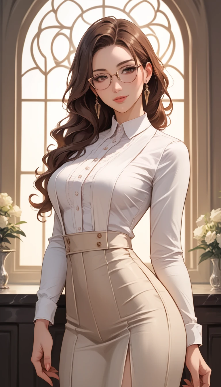(masterpiece,best quality:1.5),ultra realistic,32k,RAW photo,(high detailed skin:1.2), 8k uhd, dslr, soft lighting, high quality, film grain,50mm ,(),ð, pencil skirt , shirt ,pretty lady , royal style, gold accessories,