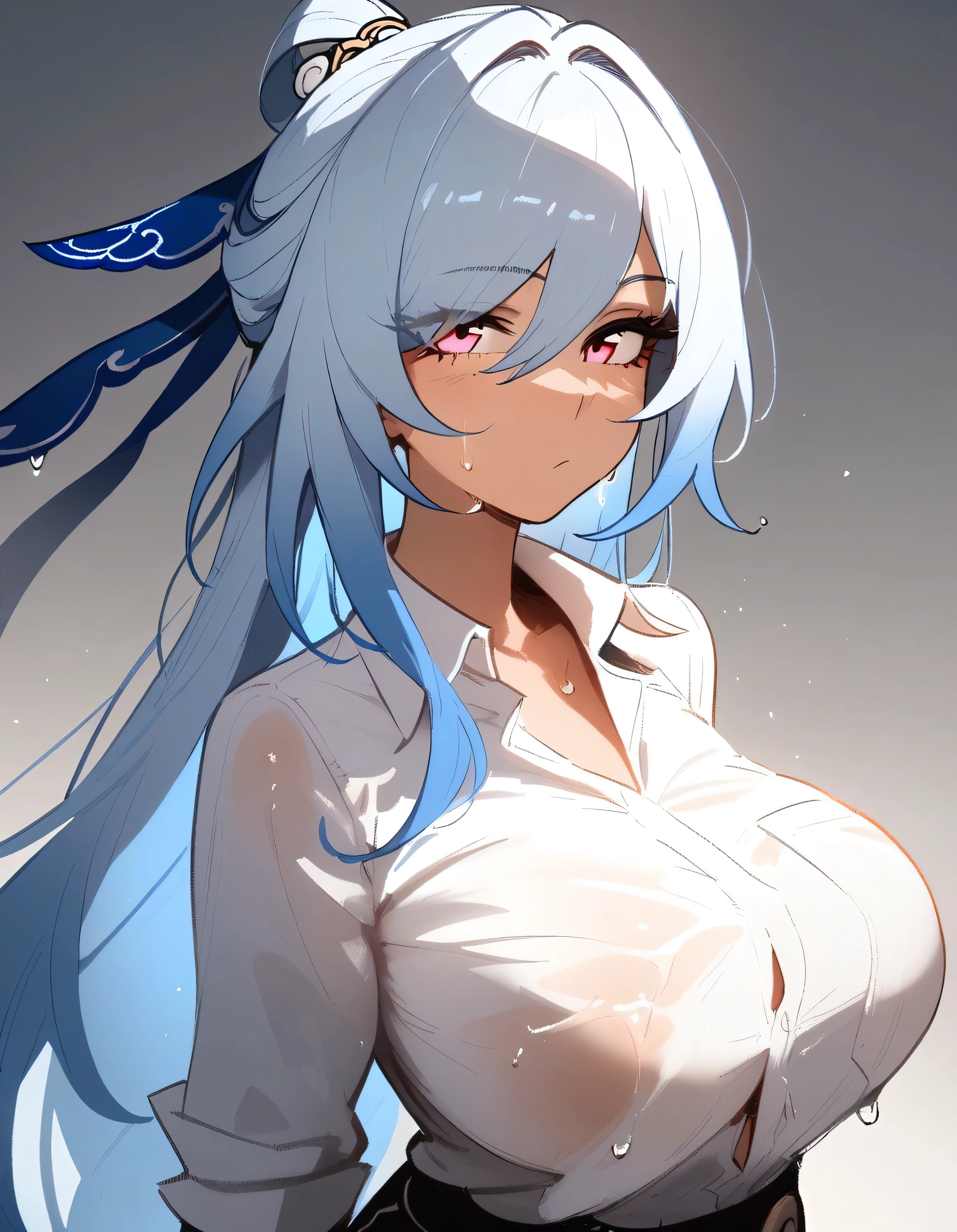 1girl, jingliu \(honkai: star rail\), honkai: star rail
\\\\\ masterpiece, best quality, newest, ///// nyantcha, khyle, cutesexyrobutts \\\\\  highres, absurdes. , solo, wet, sweat, shiny skin, big breasts, shirt, collared shirt,, three quarter view, grey background, simple background, from above, ,  collared_shirt , magenta  eyes, expressionless, 
