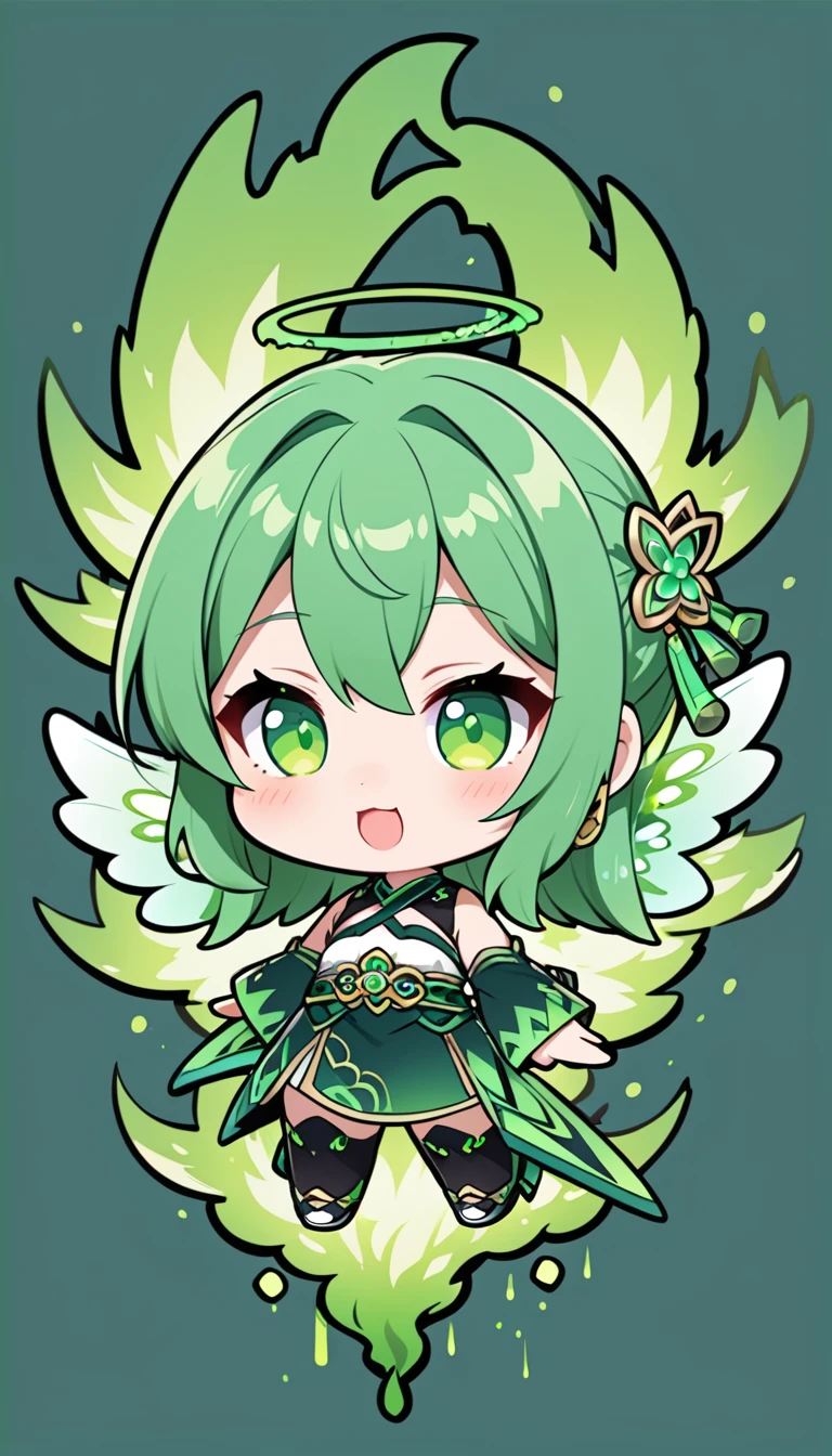 A deformed character of a green fire angel.、Chibi character style in Japanese anime style、1 person