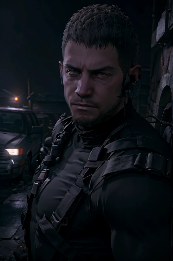 Dark gothic village in the background, old Chris Redfield from Resident Evil 8, 4, muscular male, tall and hunk, black cold turtleneck, straps, earpiece, beard, deadpan face, video games style, high resolution:1.2, best quality, masterpiece, dark nightime, dark atmosphere, volumetric lighting, shadow, potrait, face close up