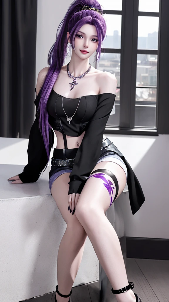 A striking girl with purple hair and piercing purple eyes, wearing a stylish off-shoulder shirt and black shorts, adorned with jewelry including earrings and a necklace, seated at a window, fingerless gloves and thigh-highs complemented by black footwear, tattoo on display, long ponytail accentuating her features, looking directly at the viewer, vibrant colors, dynamic lighting, highly detailed portrait 