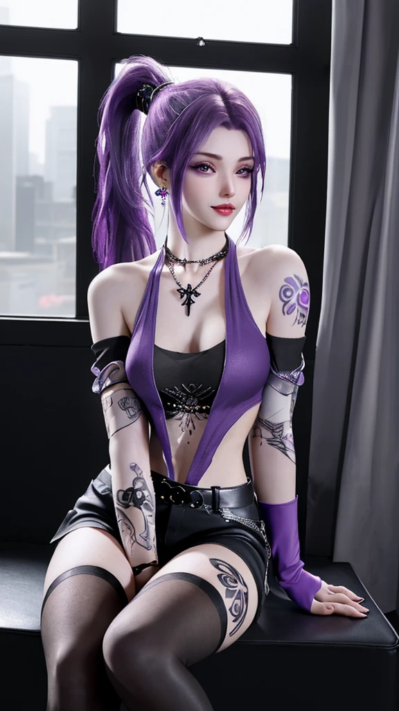 A striking girl with purple hair and piercing purple eyes, wearing a stylish off-shoulder shirt and black shorts, adorned with jewelry including earrings and a necklace, seated at a window, fingerless gloves and thigh-highs complemented by black footwear, tattoo on display, long ponytail accentuating her features, looking directly at the viewer, vibrant colors, dynamic lighting, highly detailed portrait 