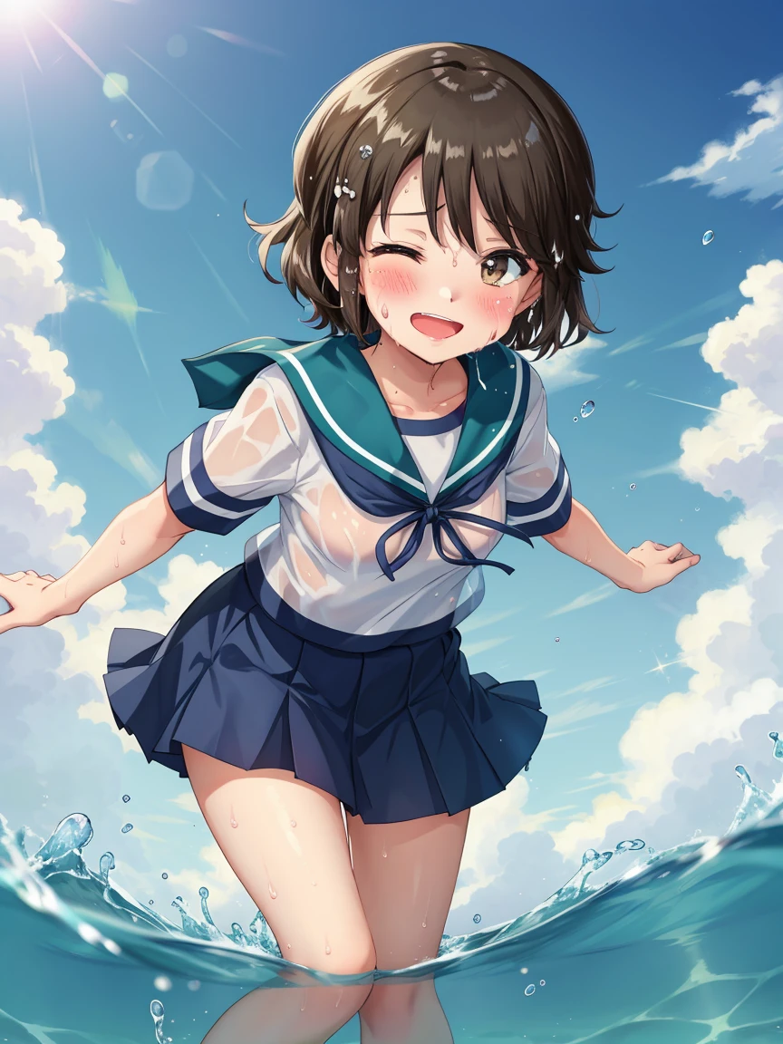 Portrait, official art, best masterpiece, best quality, best resolution, 8K, best detailed, perfect anatomy
BREAK
front view, looking at viewe, sprinkle water on, water splash, spread both arms, wading
BREAK
wet and see-through
BREAK
1girl, solo, miyukiKC, short hair, dark brown hair, skirt, school uniform, pleated skirt, serafuku, blue skirt, blue sailor collar, (small breasts, child_like build, short stature:1.2)
BREAK
(blush:1.2), smile, Squinting Eyes, (sweat:1.3), open your mouth
BREAK
(sea, on the sea, sky), very fine and detailed 16KCG wallpapers