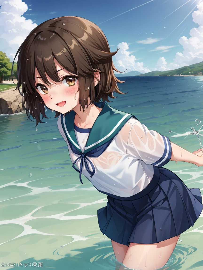 Portrait, official art, best masterpiece, best quality, best resolution, 8K, best detailed, perfect anatomy
BREAK
front view, looking at viewe, sprinkle water on, water splash, spread both arms, wading
BREAK
wet and see-through
BREAK
1girl, solo, miyukiKC, short hair, dark brown hair, skirt, school uniform, pleated skirt, serafuku, blue skirt, blue sailor collar, (small breasts, child_like build, short stature:1.2)
BREAK
(blush:1.2), smile, Squinting Eyes, (sweat:1.3), open your mouth
BREAK
(sea, on the sea, sky), very fine and detailed 16KCG wallpapers