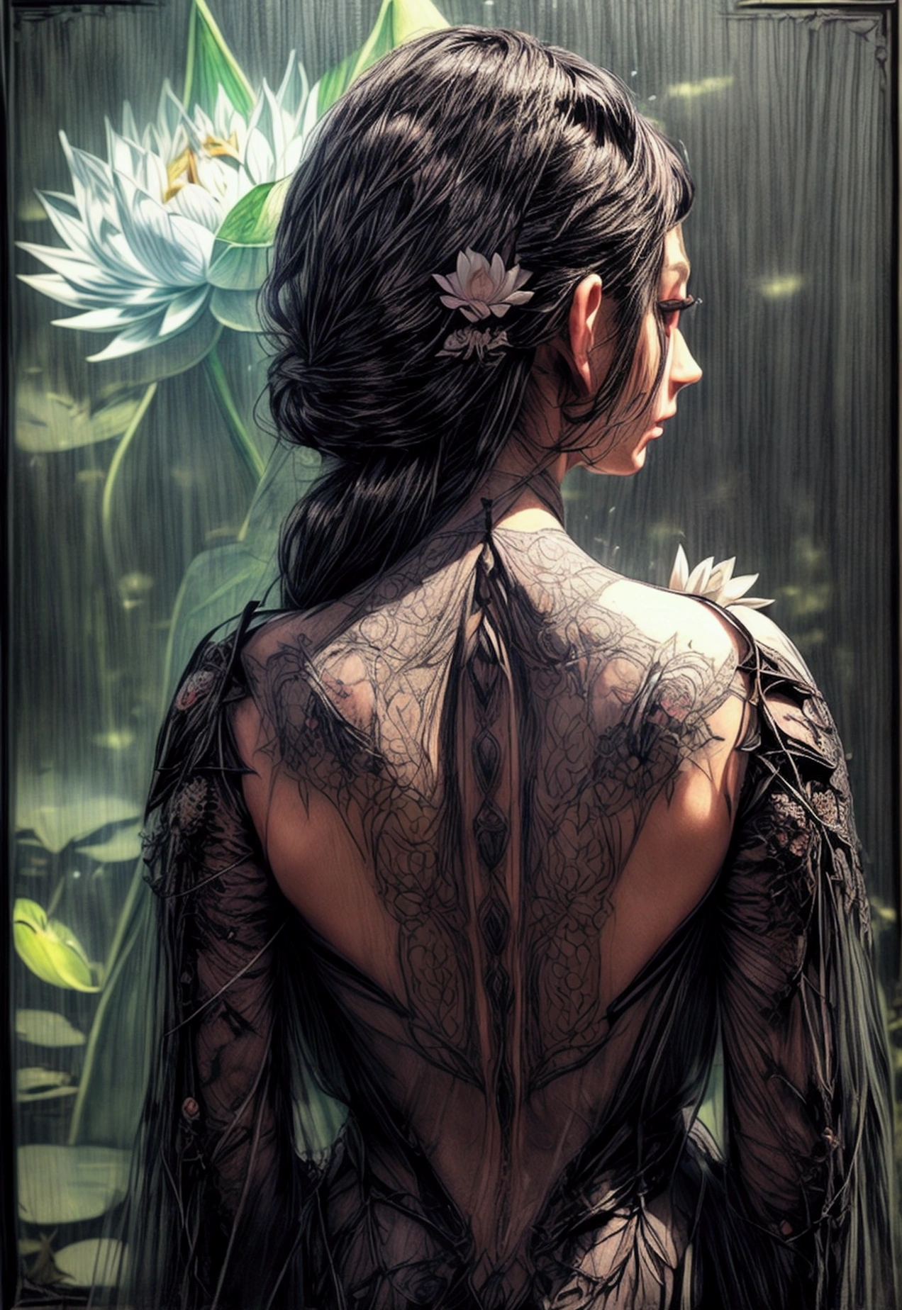 Arafed, Dark fantasy art, fantasy art, goth art, a picture of a tattoo on the back of a female elf, a glowing tattoo of a ((white lotus: 1.3)) on the elf's back, the ((lotus 1.3), she wears a transparent black dress, the dress is elegant, flowing, elven style, that the tattoos glow, dynamic hair color, dynamic hair style, Ultra-high resolution, High Contrast, (masterpiece:1.5), highest quality, Best aesthetics), 16K fantasy art, best details, best quality, highres, 32k, ((ultra detailed: 1.5)), masterpiece, best quality, (extremely detailed), Comistyle