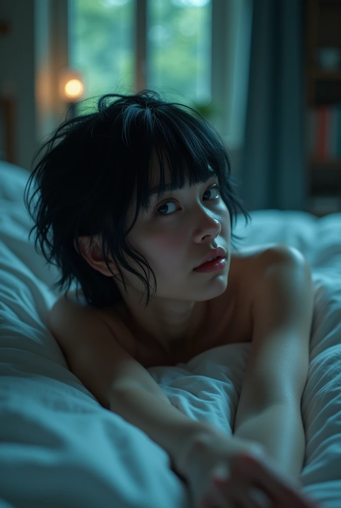 there is a woman laying on a couch with her head in her hands, movie still of a tired, still of megan fox, film still of kim kardashian, hyper realistic film photography, song hye - kyo, still from the movie, kiera knightly in repose, kiko mizuhara, screenshot from a movie, movie filmstill, film promotional still, 8k, Cleavage, big tits, round boobs fore