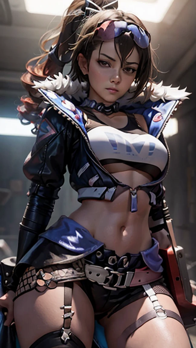 beautiful, (masterpiece:1.2), (best quality:1.2), perfect lighting, perfect eyes, perfect face, 1girl, bikini, bikini under clothes, black bikini, black choker, black gloves, black hair, black lips, black nails, black skirt, breasts, choker, cleavage, cropped jacket, cross, earrings, eyeliner, eyeshadow, fingerless gloves, gloves, hand on hip, highleg, highleg bikini, huge breasts, jacket, jewelry, lips, lipstick, long hair, makeup, microskirt, miniskirt, navel, open clothes, open jacket, red eyes, skirt, sleeves pushed up, solo, standing, striped, striped bikini, striped thighhighs, swimsuit, thighhighs, thighs, underboob