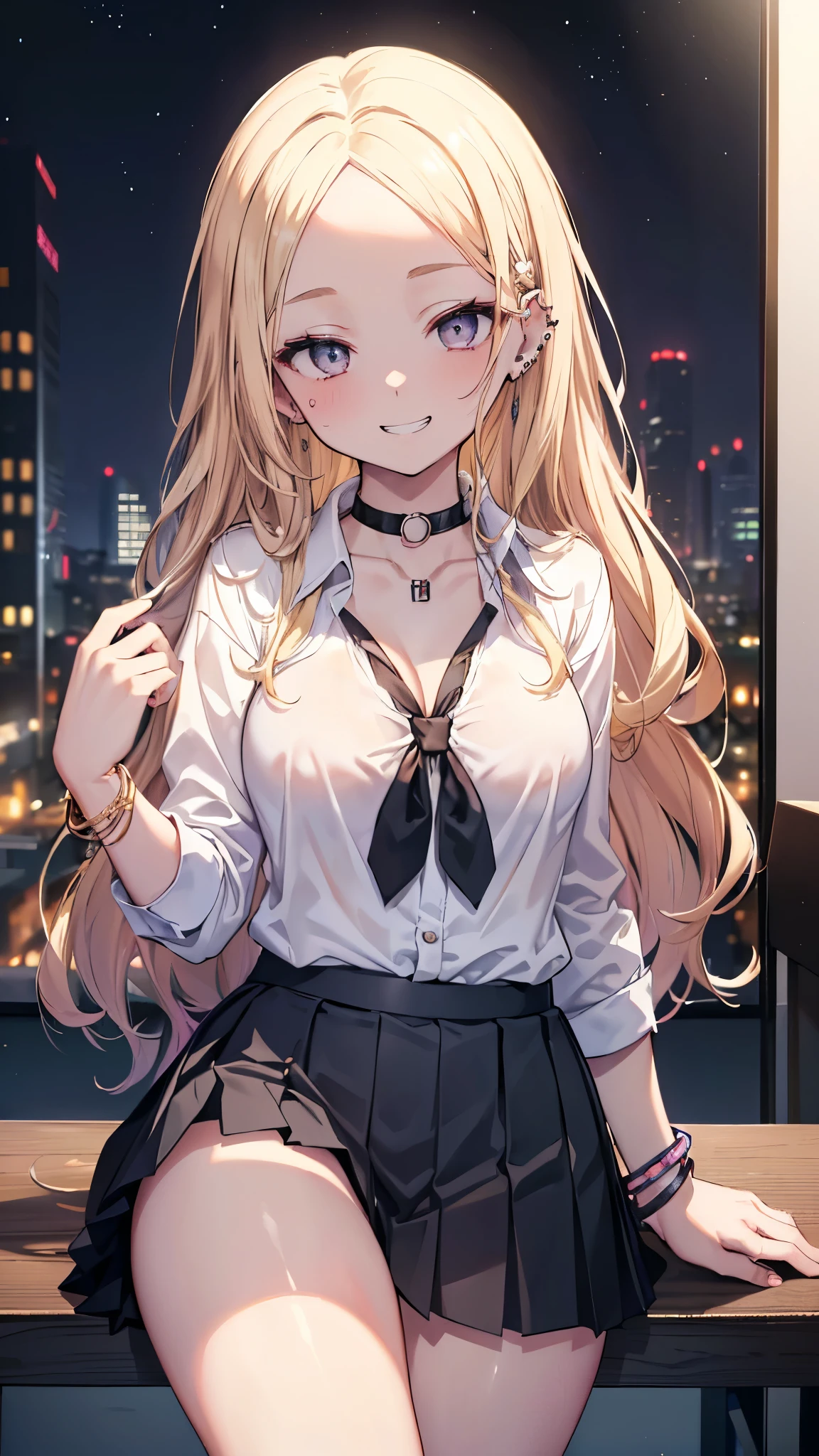 ((masterpiece、Highest quality、Very detailed))、One person、gyaru、Blonde、Long Hair、((forehead))、Wavy Hair、Grey Eyes、evil smile、((Grin))、((lots of piercing))、Moderate breasts、((White collared shirt))、((clavicle))、bracelet、Thick thighs、((Black pleated skirt))、((micro miniskirt))、Cowboy Shot、((night))、Downtown background
