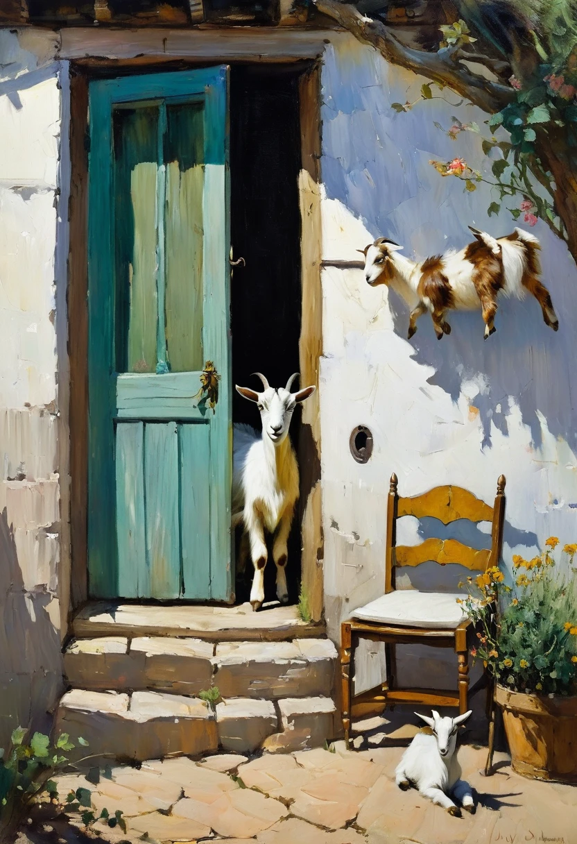 Oil painting,  standing against the wall of a house looking at little goats, goats around her, on a chair near the door, Livio Mozhina, painting style by James Gurney