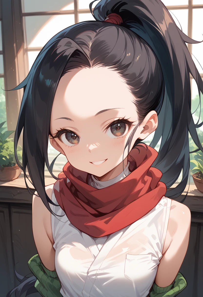 masterpiece,High resolution,Highest quality,8k
(Black Hair,ponytail,Big dark eyes,Small breasts,Skinny)
(White shirt,Green arm warmers,Red scarf)smile