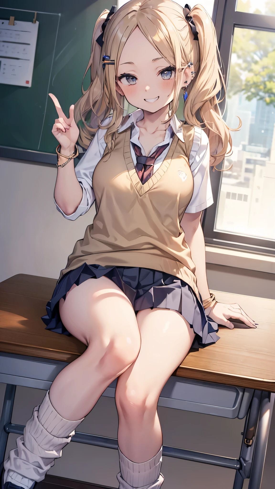 ((masterpiece、Highest quality、Very detailed))、One person、gyaru、Blonde、Long Hair、((forehead))、Wavy Hair、Grey Eyes、evil smile、((Grin))、((lots of piercing))、Moderate breasts、((White collared shirt))、((clavicle))、((light brown sweater vest))、bracelet、Thick thighs、((Black pleated skirt))、((micro miniskirt))、((white buggysocks))、loafers、Sit at a desk、Classroom Background