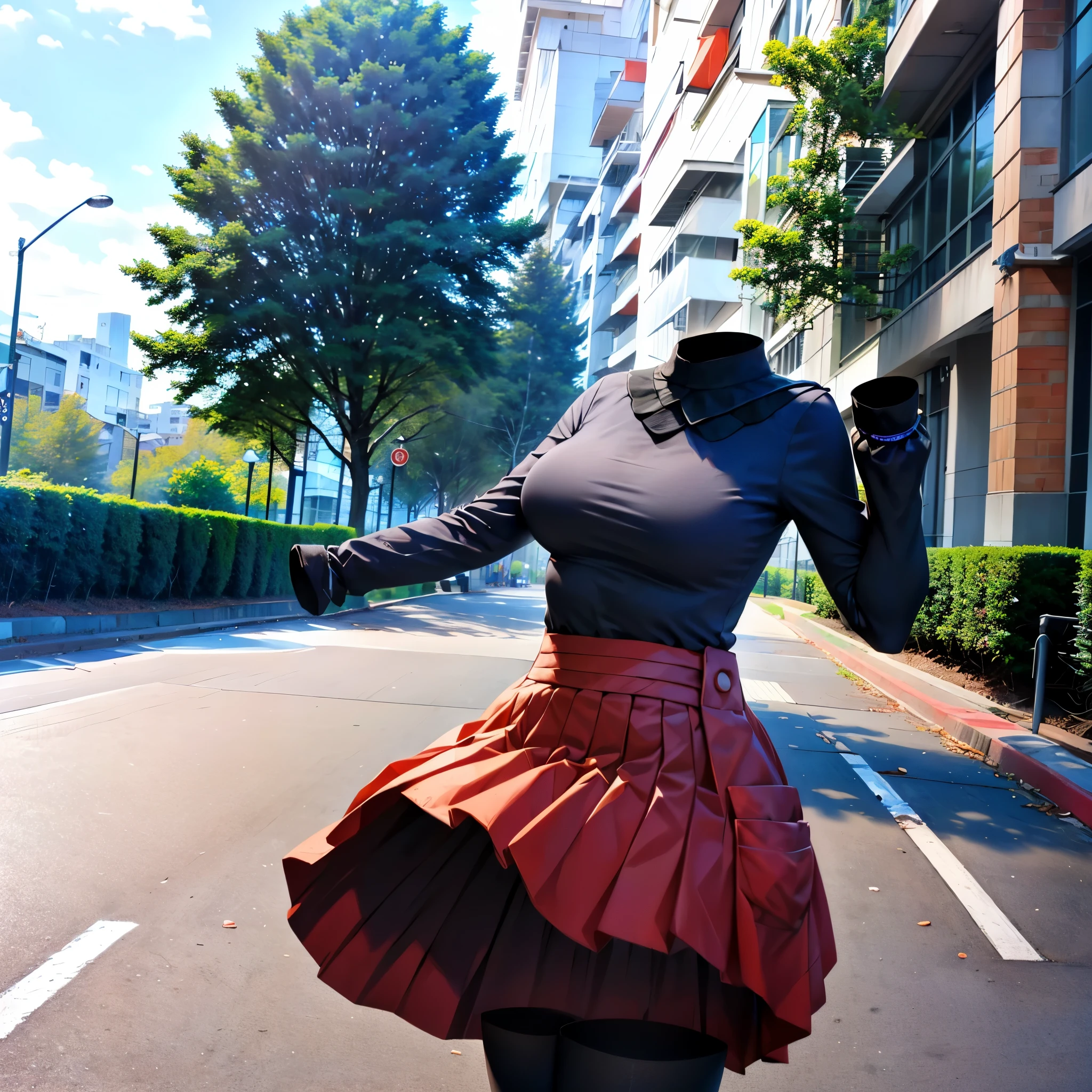 long sleeve shirt,black shirt,red skirt,pleated skirt,black thighhighs, chubby, fat, (invisible:1.5, no humans:1.5, headless:1.5, faceless:1.5), (cute big breasts), (best quality, masterpiece:1.2), in city