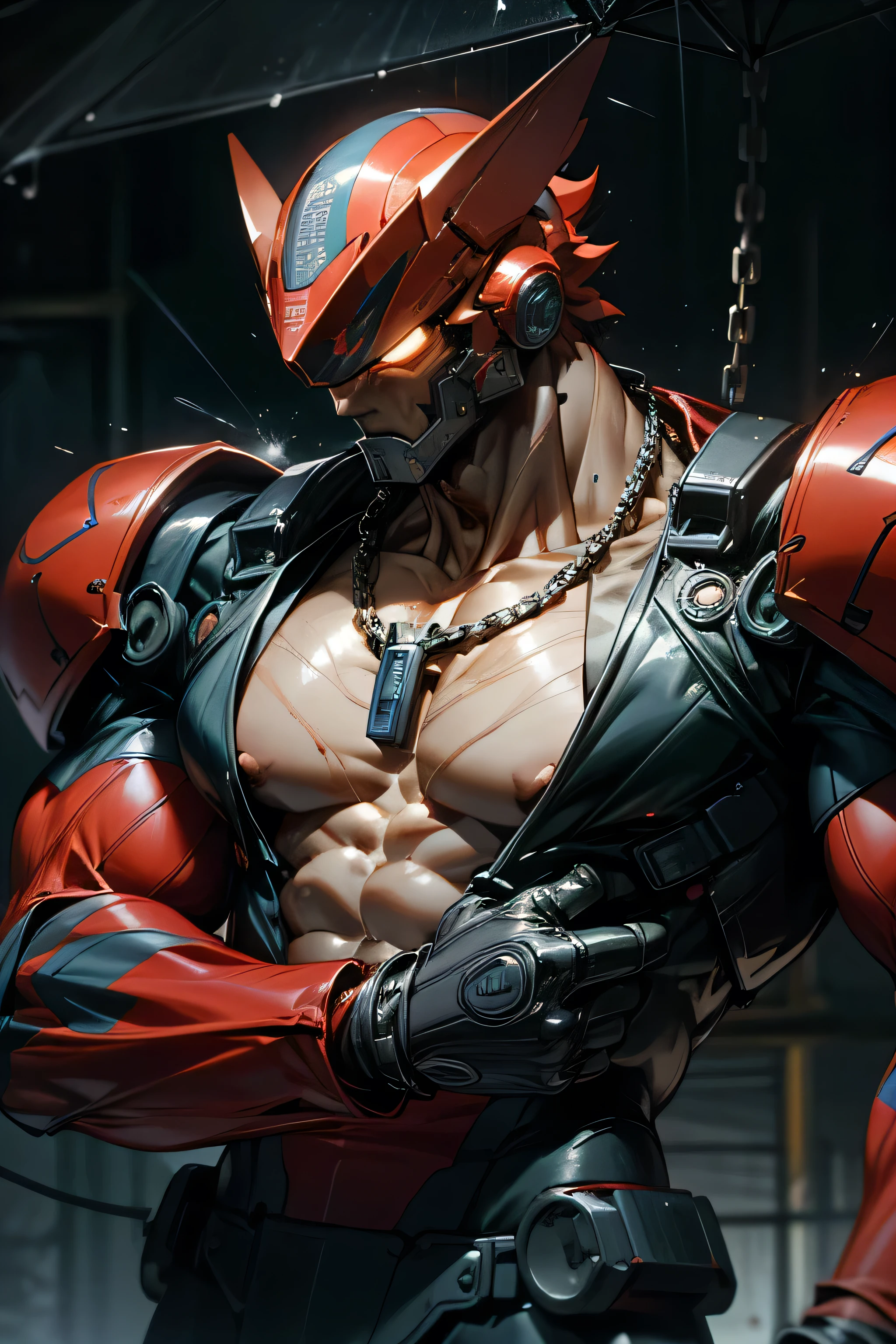 1boy, muscular fit man with ((bare chest)) and big muscles, science fiction armor, science fiction helmet, chains, abstract explosion background, sweating heavily, musculature, necklace, raining. Big pecs, washboard abs, tan skin or fair skin, sweating. Skin visible.