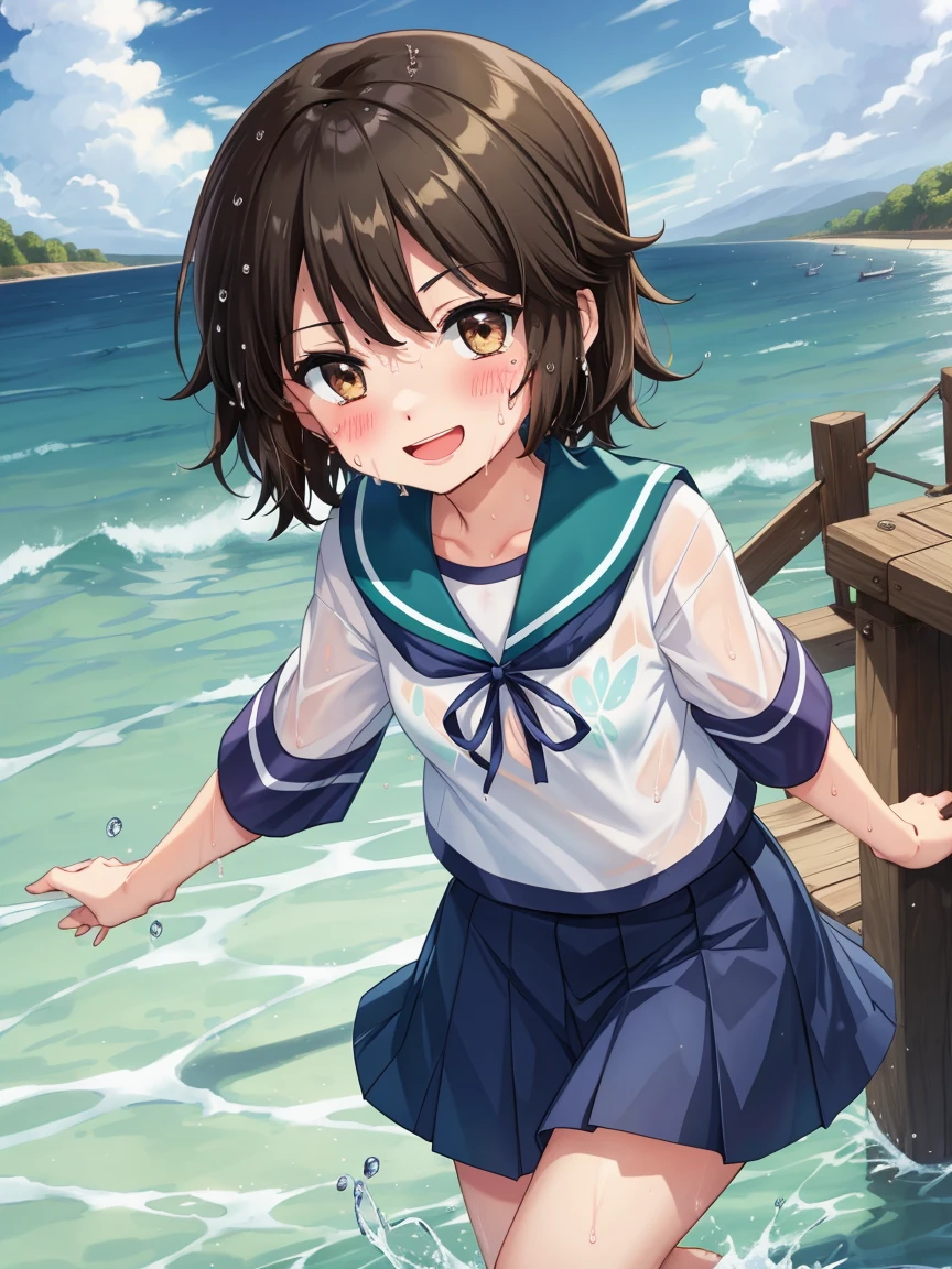 Portrait, official art, best masterpiece, best quality, best resolution, 8K, best detailed, perfect anatomy
BREAK
front view, looking at view, sprinkle water on, water splash, spread both arms, wading
BREAK
wet and see-through
BREAK
1girl, solo, miyukiKC, short hair, dark brown hair, skirt, school uniform, pleated skirt, serafuku, blue skirt, blue sailor collar, (small breasts, child_like build, short stature:1.2)
BREAK
(blush:1.2), smile, Squinting Eyes, (sweat:1.25), open your mouth
BREAK
(sea, on the sea, sky), very fine and detailed 16KCG wallpapers