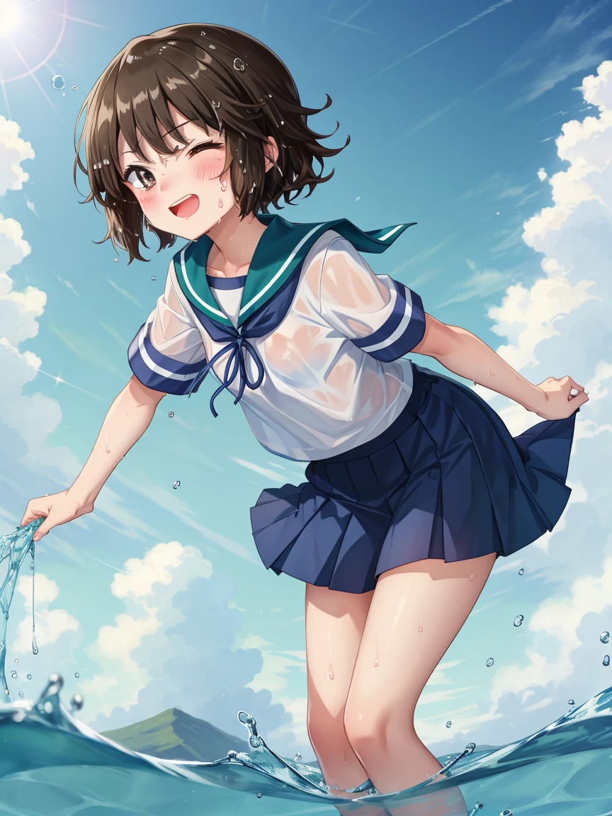 Portrait, official art, best masterpiece, best quality, best resolution, 8K, best detailed, perfect anatomy
BREAK
front view, looking at view, sprinkle water on, water splash, spread both arms, wading
BREAK
wet and see-through
BREAK
1girl, solo, miyukiKC, short hair, dark brown hair, skirt, school uniform, pleated skirt, serafuku, blue skirt, blue sailor collar, (small breasts, child_like build, short stature:1.2)
BREAK
(blush:1.2), smile, Squinting Eyes, (sweat:1.25), open your mouth
BREAK
(sea, on the sea, sky), very fine and detailed 16KCG wallpapers