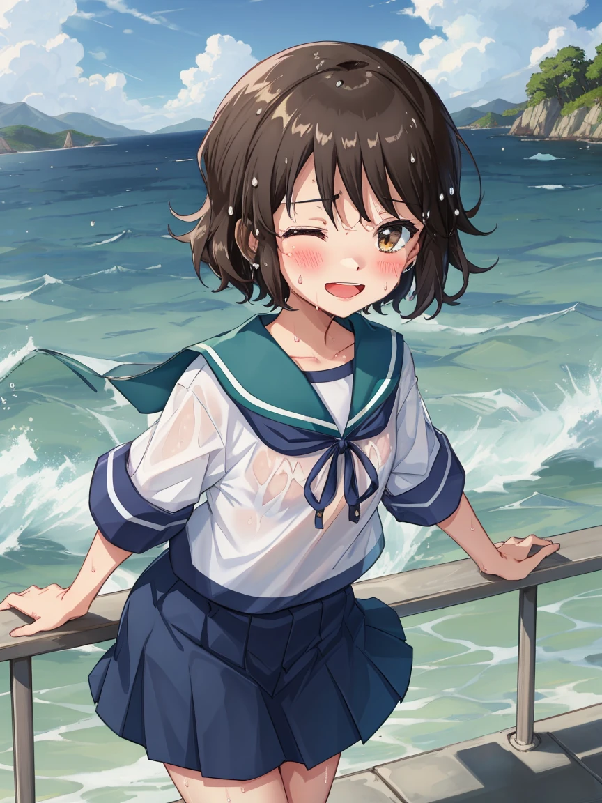 Portrait, official art, best masterpiece, best quality, best resolution, 8K, best detailed, perfect anatomy
BREAK
front view, looking at view, sprinkle water on, water splash, spread both arms, wading
BREAK
wet and see-through
BREAK
1girl, solo, miyukiKC, short hair, dark brown hair, skirt, school uniform, pleated skirt, serafuku, blue skirt, blue sailor collar, (small breasts, child_like build, short stature:1.2)
BREAK
(blush:1.2), smile, Squinting Eyes, (sweat:1.25), open your mouth
BREAK
(sea, on the sea, sky), very fine and detailed 16KCG wallpapers